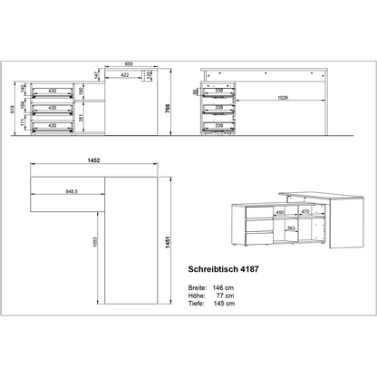 Artikelbild 10 für GERMANIA Lissabon Schreibtisch grafit, navarra-eiche rechteckig, Wangen-Gestell grau 145,0 x 145,0 cm, Artikelnummer 881551