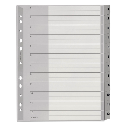 Artikelbild für LEITZ Ordnerregister 1282 DIN A4 Vollformat, Überbreite 1-12 grau 12-teilig, 1 Satz, Artikelnummer 184655