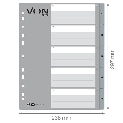 Artikelbild 2 für VON LEITZ Register DIN A4 Überbreite 1-5 grau-weiß 5-teilig, 1 Satz, Artikelnummer 635827