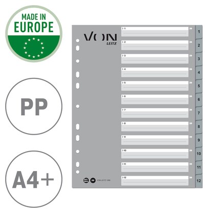 Artikelbild 4 für VON LEITZ Register DIN A4 Überbreite 1-12 grau-weiß 12-teilig, 1 Satz, Artikelnummer 635819