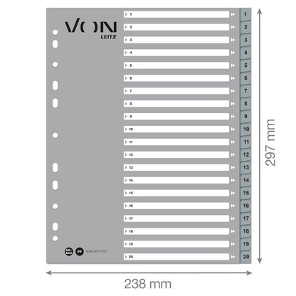 Artikelbild 2 für VON LEITZ Register DIN A4 Überbreite 1-20 grau-weiß 20-teilig, 1 Satz, Artikelnummer 635858