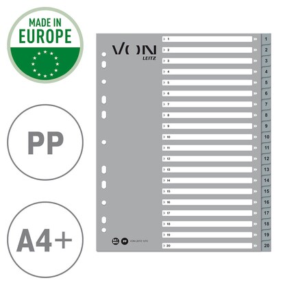 Artikelbild 4 für VON LEITZ Register DIN A4 Überbreite 1-20 grau-weiß 20-teilig, 1 Satz, Artikelnummer 635858