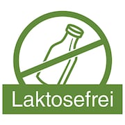 Symbol für Laktosefrei: Flasche durchgestrichen, darunter grüner Schriftzug 