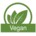 Symbol für vegane Produkte: drei grüne Blätter in einem Kreis, darunter Schriftzug „Vegan“.