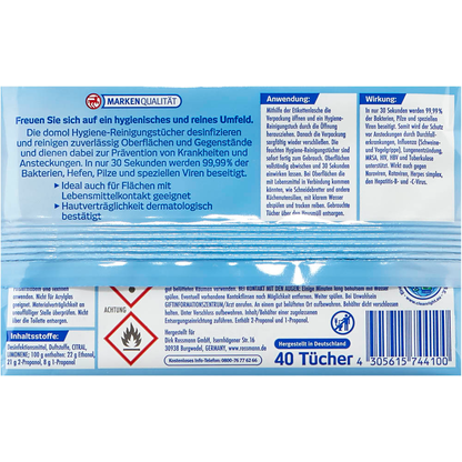 Artikelbild 4 für domol Desinfektionstücher 1-lagig weiß, 40 Tücher, Artikelnummer 213667