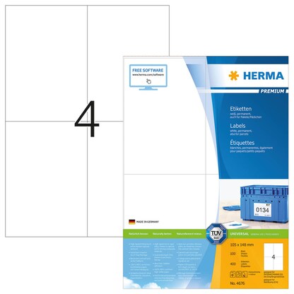 Artikelbild für HERMA Etiketten 4676 weiß 105,0 x 148,0 mm, 100 Blatt, Artikelnummer 529032