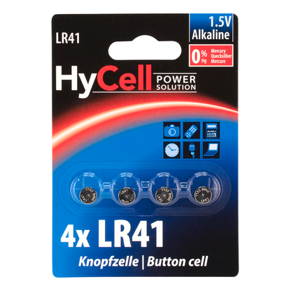 Artikelbild für HyCell Knopfzellen LR41 Alkali-Mangan 1,5 V, 4 St., Artikelnummer 401955