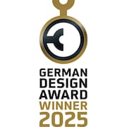 Deutscher Designpreis 2025, Gewinner-Logo mit abstraktem gold-schwarzem Kreis und Jahreszahl.