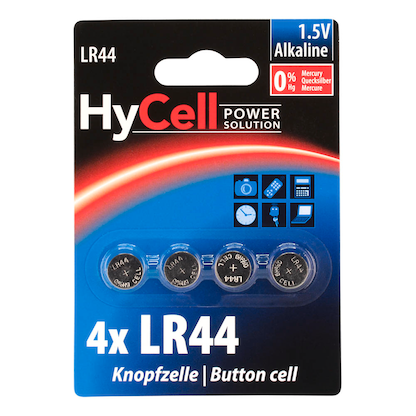 Artikelbild für HyCell Knopfzellen LR44 Alkali-Mangan 1,5 V, 4 St., Artikelnummer 891205