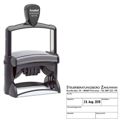 Artikelbild für trodat Datumstempel mit Text individualisierbar 54110 selbstfärbend schwarz Logo möglich, 1 St. - Direkt online personalisieren, Artikelnummer 640621
