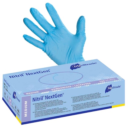 Artikelbild für Meditrade® unisex Einmalhandschuhe Nitril® NextGen® blau Größe M, 100 St., Artikelnummer 242857