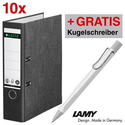 Artikelbild für AKTION: LEITZ 1080 Ordner schwarz marmoriert Karton 8,0 cm DIN A4, 10 St. + GRATIS Lamy Safari Kugelschreiber weiss, Artikelnummer 792931