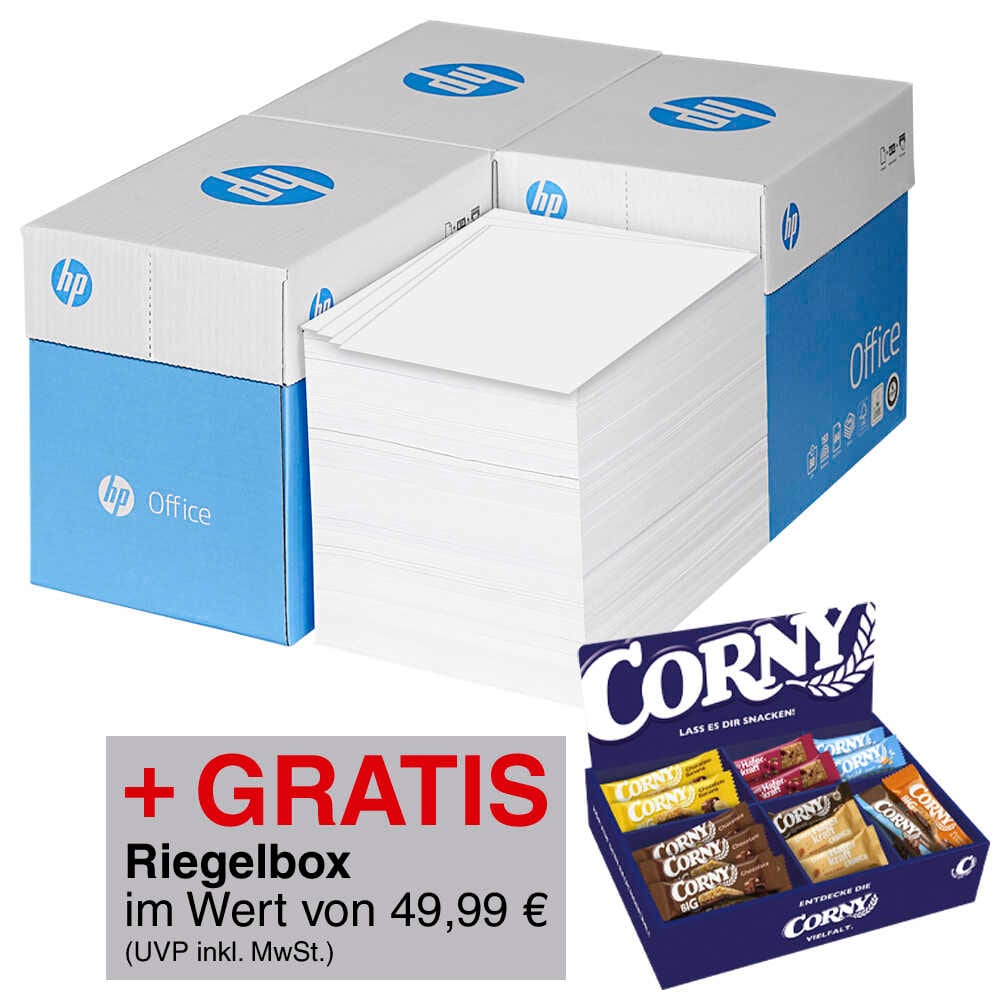 AKTION: HP Kopierpapier Office DIN A4 80 g/qm 4x 2.500 Blatt + GRATIS CORNY Sortimentskarton Müsliriegel 64 Riegel
