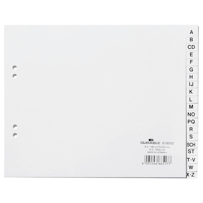 Artikelbild für DURABLE Ordnerregister DIN A4 Halbformat A-Z weiß 20-teilig, 1 Satz, Artikelnummer 433334