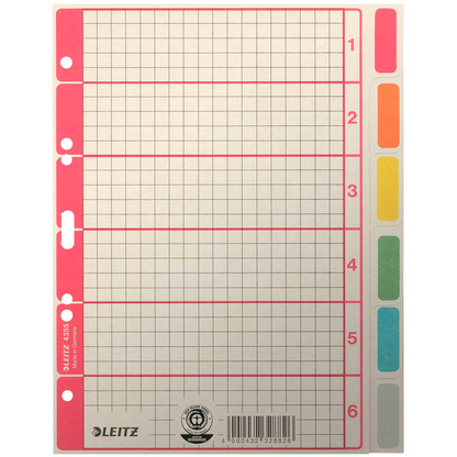 Artikelbild für LEITZ Ordnerregister DIN A4 Vollformat 1-6 grau, farbig 6-teilig, 1 Satz, Artikelnummer 820779