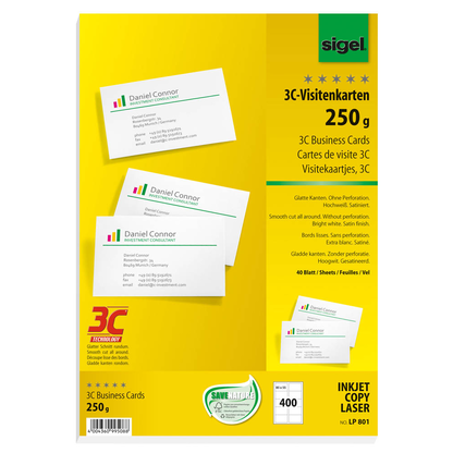 Artikelbild 2 für SIGEL Visitenkarten LP801 satiniert weiß 250 g/qm, 400 St., Artikelnummer 780528