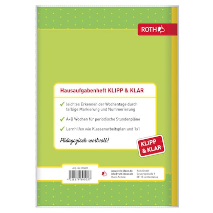 Artikelbild 3 für ROTH Hausaufgabenheft Hurra Schule Klipp & Klar liniert DIN A5 ohne Rand, 96 Blatt, 1 St., Artikelnummer 580524