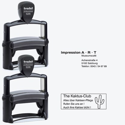 Artikelbild 4 für trodat Textstempel, individualisierbar 5205 selbstfärbend schwarz Logo möglich, 1 St. - Direkt online personalisieren, Artikelnummer 640619