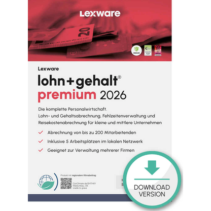 Artikelbild für LEXWARE Lohn + Gehalt Premium 2026 Software Vollversion (Download-Link), Artikelnummer 765582