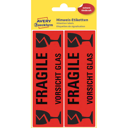 Artikelbild für AVERY Zweckform Warnetiketten 3050 rot »Fragile Vorsicht Glas« 119,0 x 38,0 mm, 10 Etiketten , Artikelnummer 892481