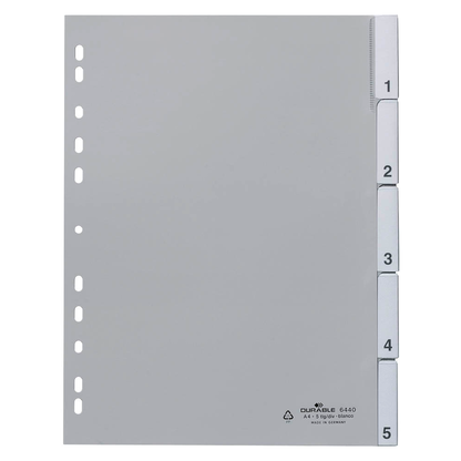 Artikelbild 2 für DURABLE Ordnerregister DIN A4 Vollformat 1-5 grau 5-teilig mit Wechseltaben, 1 Satz, Artikelnummer 147223