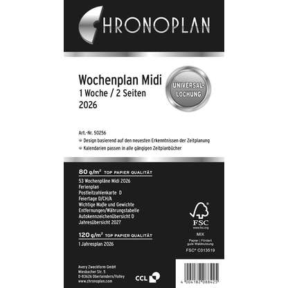 Artikelbild für CHRONOPLAN Kalendereinlage 2026 Wochenplan Midi (9,6 x 17,2 cm), Artikelnummer 591129