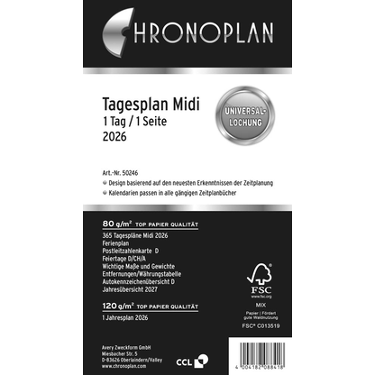 Artikelbild für CHRONOPLAN Kalendereinlage 2026 Tagesplan Midi (9,6 x 17,2 cm), Artikelnummer 590982