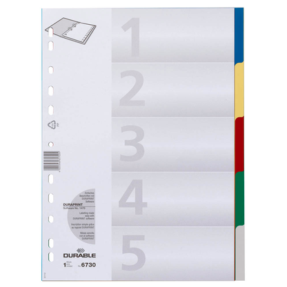 Artikelbild für DURABLE Ordnerregister DIN A4 Vollformat blanko blau, gelb, rot, grün, grau 5-teilig, 1 Satz, Artikelnummer 147199