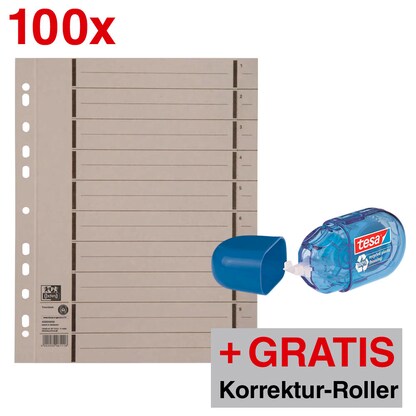 Artikelbild für AKTION: OXFORD Trennblätter DIN A4 1-10 grau, 250 g/qm, 100 St. + GRATIS tesa Mini-Korrektur-Roller, blau, Artikelnummer 134155