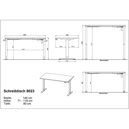 Artikelbild 3 für GERMANIA Profi 3.0 höhenverstellbarer Schreibtisch grandson-eiche rechteckig, T-Fuß-Gestell weiß 140,0 x 80,0 cm, Artikelnummer 728849