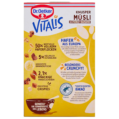 Artikelbild 4 für Dr. Oetker VITALIS KNUSPER SCHOKO+BANANE Müsli 450,0 g, 1 St., Artikelnummer 554227