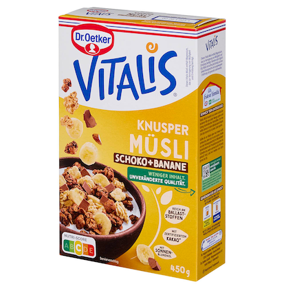 Artikelbild 3 für Dr. Oetker VITALIS KNUSPER SCHOKO+BANANE Müsli 450,0 g, 1 St., Artikelnummer 554227