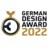 German Design Award 2022, Logo mit gold-schwarzem Symbol und Schriftzug.