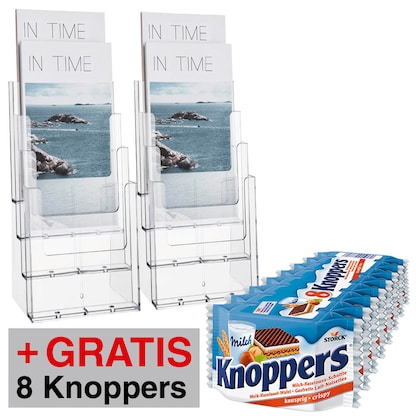Artikelbild für AKTION: helit Tischprospekthalter transparent 1/3 DIN A4 4 Fächern 11,5 x 15,0 x 25,5 cm, 2 St. + GRATIS Storck Knoppers 8 St., Artikelnummer 142978