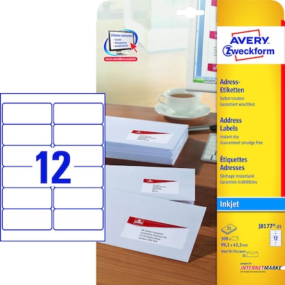 Artikelbild für AVERY Zweckform Adressetiketten J8177-25 weiß 99,1 x 42,3 mm, 25 Blatt, Artikelnummer 607174