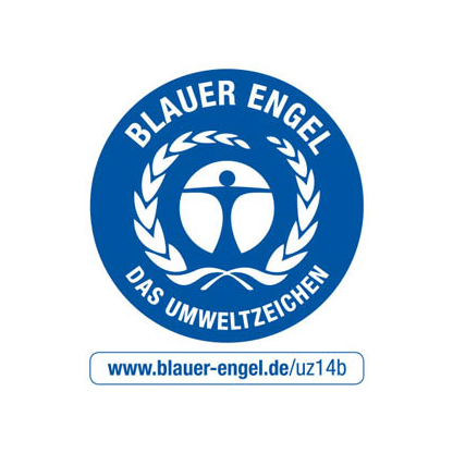 Umweltzeichen Blauer Engel, in Blau mit Mensch in Lorbeerkranz. Auszeichnung für nachhaltige, umweltschonende Produkte, hier für den Bereich uz14b.