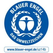 Umweltzeichen Blauer Engel, in Blau mit Mensch in Lorbeerkranz. Auszeichnung für nachhaltige, umweltschonende Produkte, hier für den Bereich uz14b.