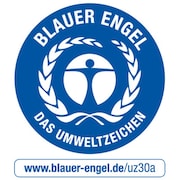 Umweltzeichen Blauer Engel, in Blau mit Mensch in Lorbeerkranz. Auszeichnung für nachhaltige, umweltschonende Produkte, hier für den Bereich uz30a.