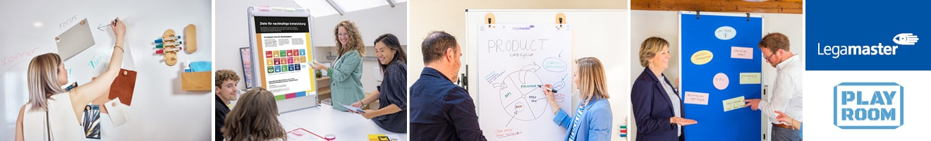 Personen präsentieren und diskutieren an Legamaster Whiteboards mit Notizen und Diagrammen in einem Büro