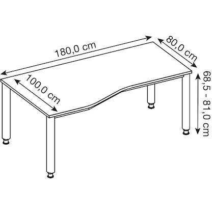 Artikelbild 2 für HAMMERBACHER Orbis höhenverstellbarer Schreibtisch ahorn Trapezform, 4-Fuß-Gestell silber 180,0 x 80,0/100,0 cm, Artikelnummer 497826