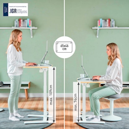 Artikelbild 5 für AKTION: LEITZ Ergo Compact höhenverstellbarer Schreibtisch weiß rechteckig abgerundet, T-Fuß-Gestell weiß 65,0 x 46,0 cm + GRATIS 2x LEITZ Notizbuch DIN A6 kariert, Artikelnummer 718696