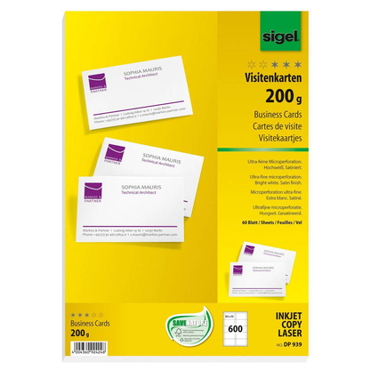 Artikelbild für SIGEL Visitenkarten DP939 satiniert weiß 200 g/qm, 600 St., Artikelnummer 607341