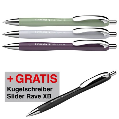 Artikelbild für 3 + 1 GRATIS: Schneider Kugelschreiber Slider Rave XB farbsortiert, Schreibfarbe: blau, 3 St. + GRATIS 1 St., Artikelnummer 514143