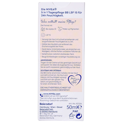 Artikelbild 9 für NIVEA BB MITTEL BIS DUNKEL 5IN1 24h FEUCHTIGKEIT LSF 15 Gesichtscreme 50,0 ml, Artikelnummer 578353