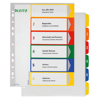 Artikelbild für LEITZ Ordnerregister 1292 DIN A4 Vollformat, Überbreite 1-6 farbig 6-teilig, 1 Satz, Artikelnummer 614479