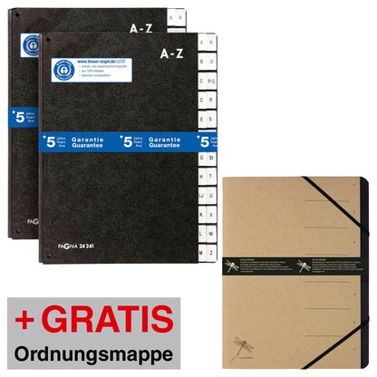 Artikelbild für AKTION: PAGNA Pultordner A-Z schwarz, 2 St. + GRATIS PAGNA Ordnungsmappe Pur 7 Fächer braun, Artikelnummer 336881