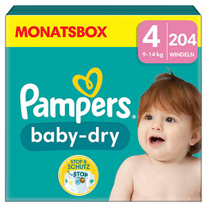 Pampers® Windeln baby-dry™ Monatsbox Größe Gr.4 (9-14 kg) für Babys und Kleinkinder (4-18 Monate), 204 St.