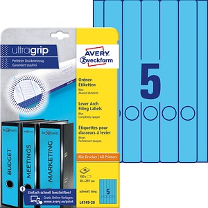 100 AVERY Zweckform Ordneretiketten L4749-20 blau für 4,0 - 5,0 cm Rückenbreite 100 AVERY Zweckform Ordneretiketten L4749-20 blau für 4,0 - 5,0 cm Rückenbreite