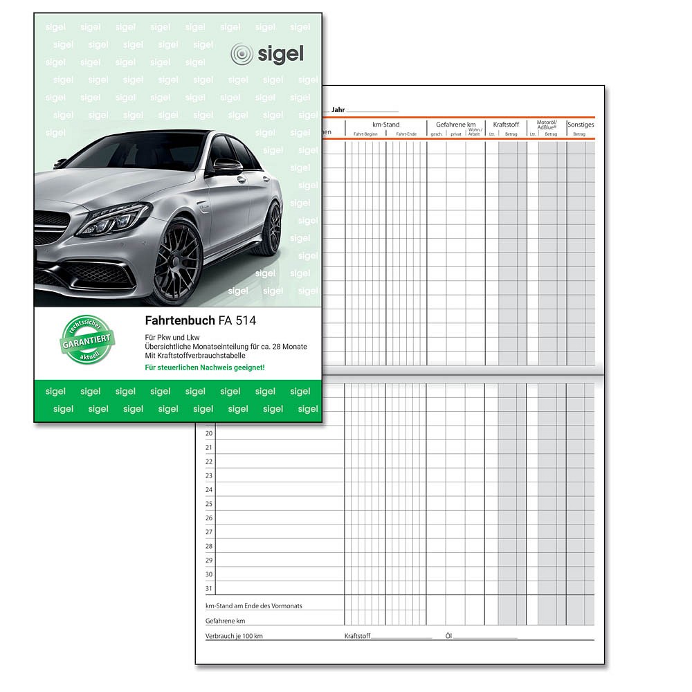 SIGEL FA614 Fahrtenbuch für PKW, A6 quer, 80 Seiten - für Deutschland und  Österreich, vom Finanzamt anerkannt : : Bürobedarf & Schreibwaren