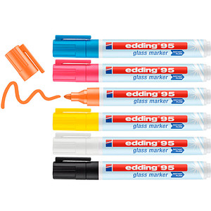 4057305045614 - Glasmarker edding 95 für Glasoberflächen & Whiteboards Strichbreite 15-3 mm runde Spitze 6er-Set schwarz weiß gelb orange pink hellblau